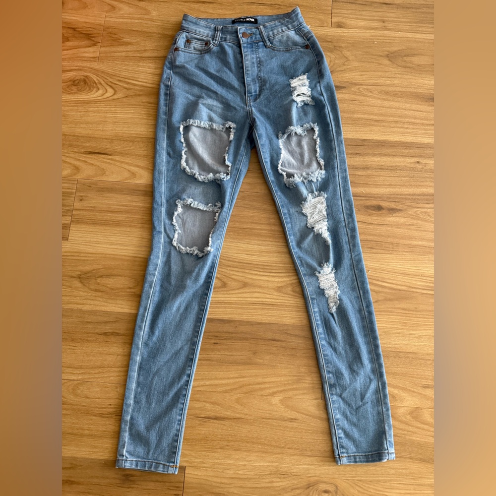 Fashion Nova Ripped Light Blue Skinny Jeans